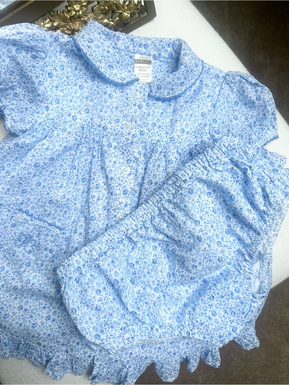 George Vintage Cottagecore Whimsy Blue Ditsy Floral Dress Set Size 6-9 Months